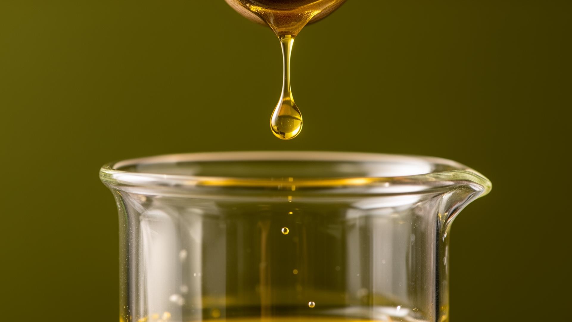 Macro shot of golden oil dripping into a glass beaker
