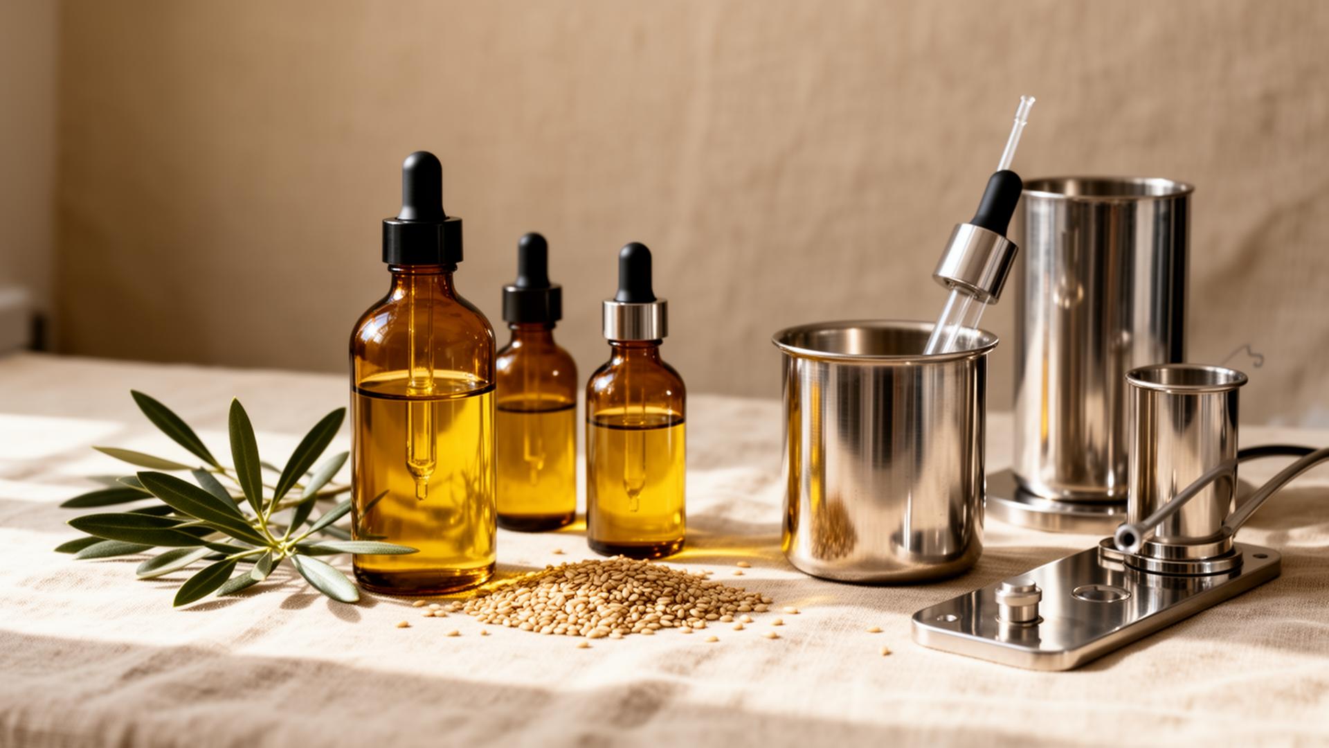 Prima Labo bench with amber oil vials, olive branches, and stainless laboratory tools