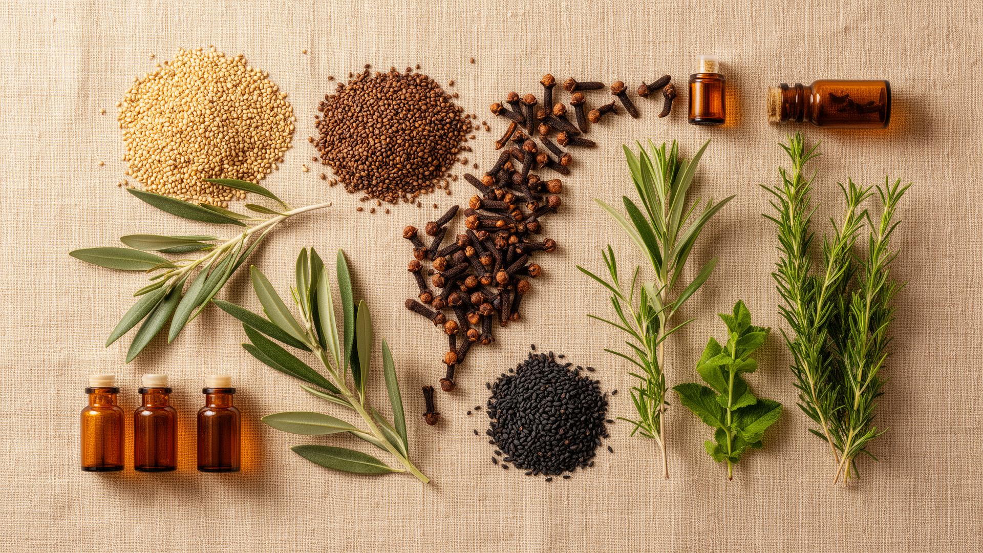 Mediterranean botanicals used in the Vague formula — sesame, clove, olive, black seed, rosemary