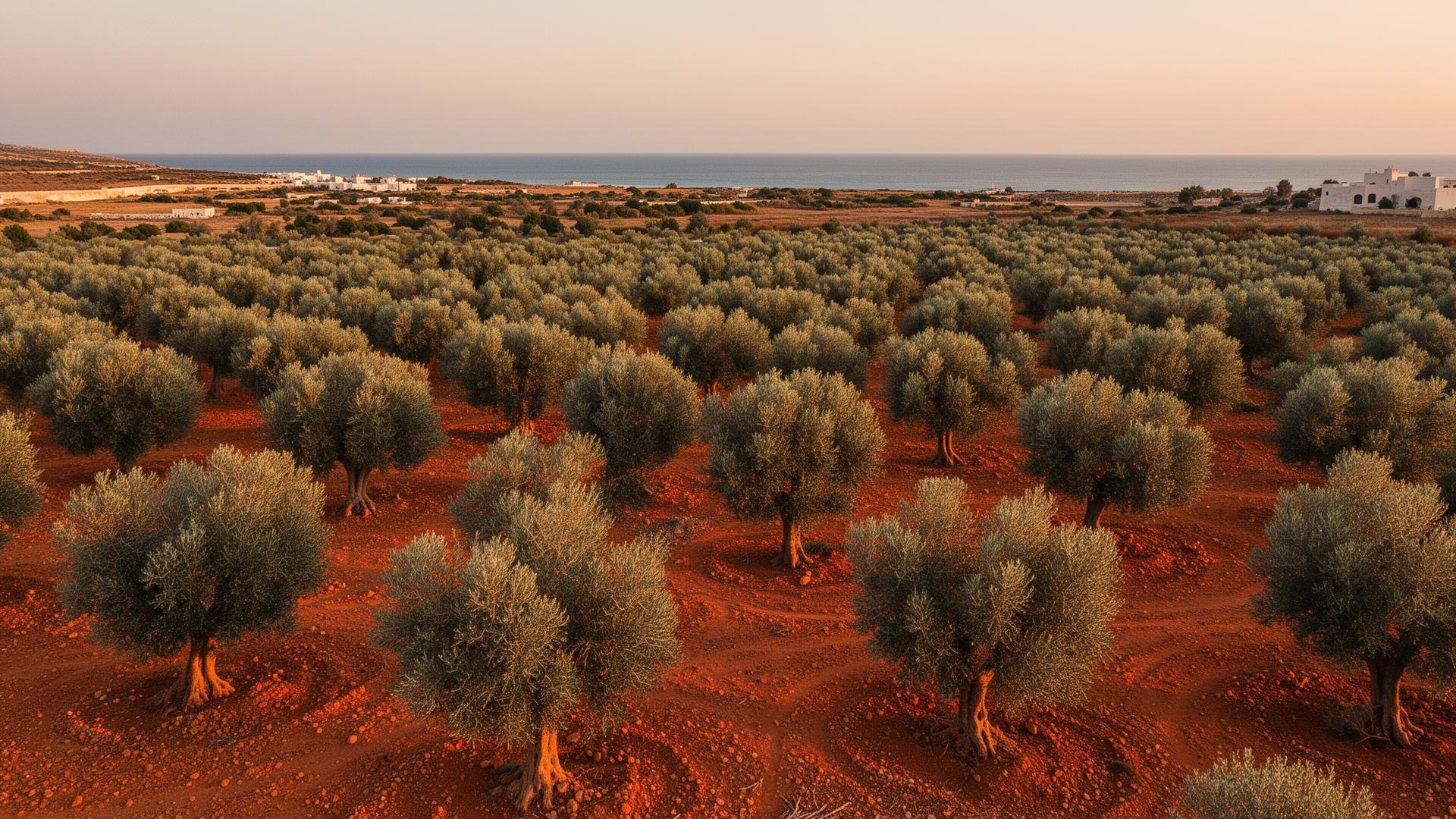 Tunisian olive grove on the Cap Bon peninsula at golden hour