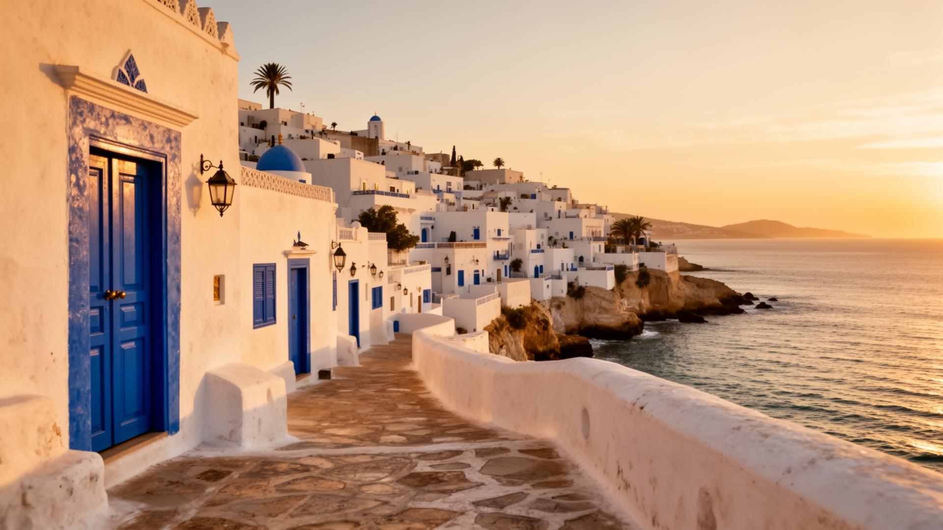 Sidi Bou Said coastline at golden hour