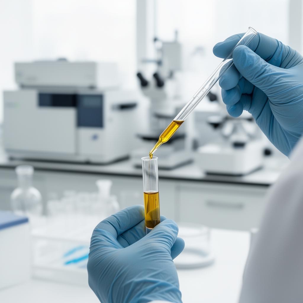 Gloved scientist dispensing golden oil into a test tube at the Prima Labo bench